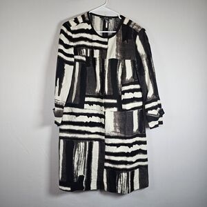 Per Se Sz 12 Abstract Long Jacket Blazer Snap Button Silk Linen Blend Pockets